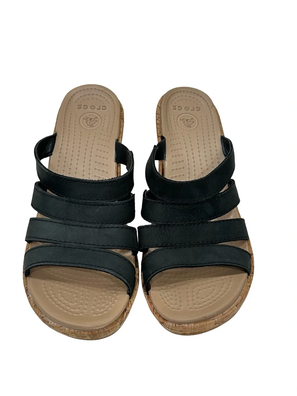 Crocs Black Strappy Stretch Cork Wedge Sandals Women’s Size 8 Comfort Slides